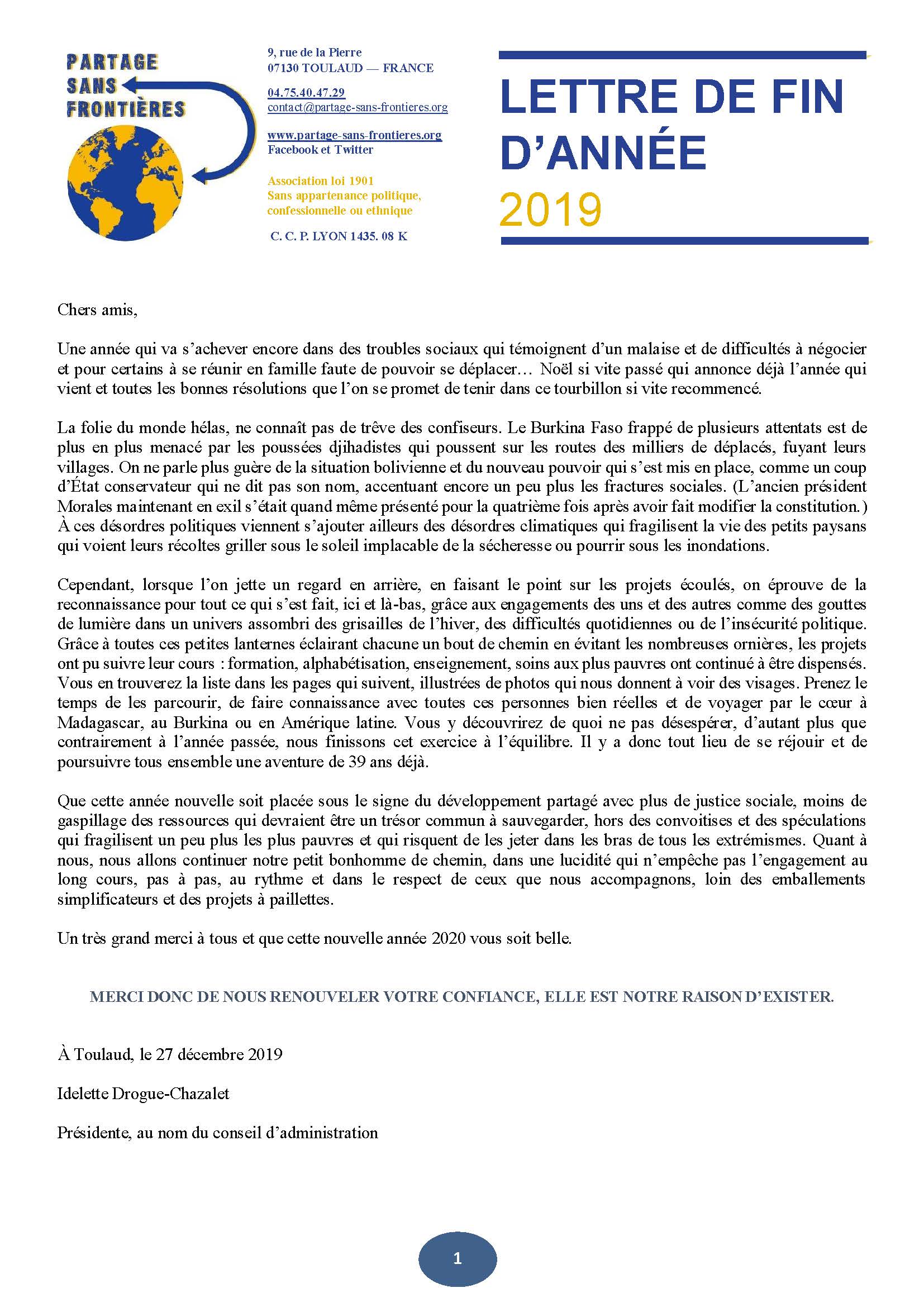 Lettre de fin d’année 2019