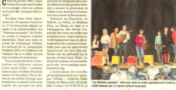Soirée théâtre au profit de Partage sans Frontières, les femmes savantes, le 26 février 2011 à saulce-sur_rhône au centre culturel