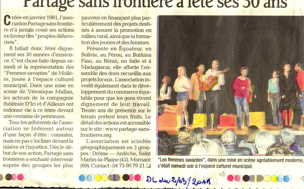 Soirée théâtre au profit de Partage sans Frontières, les femmes savantes, le 26 février 2011 à saulce-sur_rhône au centre culturel