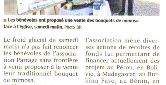 Vente de mimosa à Saint-Martin la plaine en février 2012, article du Progrès, au profit de Partage sans Frontières