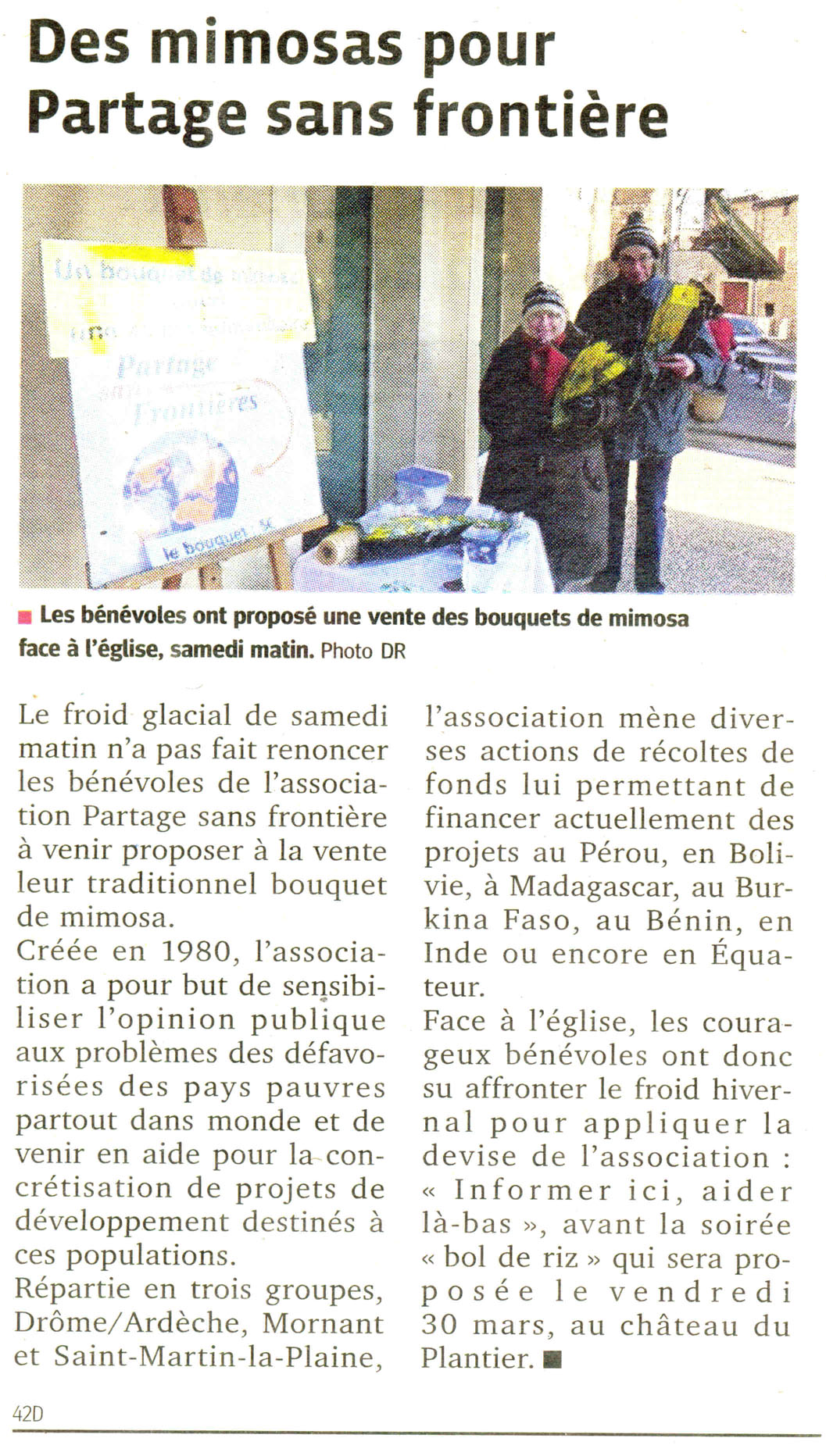 Vente de mimosa à Saint-Martin la plaine en février 2012, article du Progrès, au profit de Partage sans Frontières