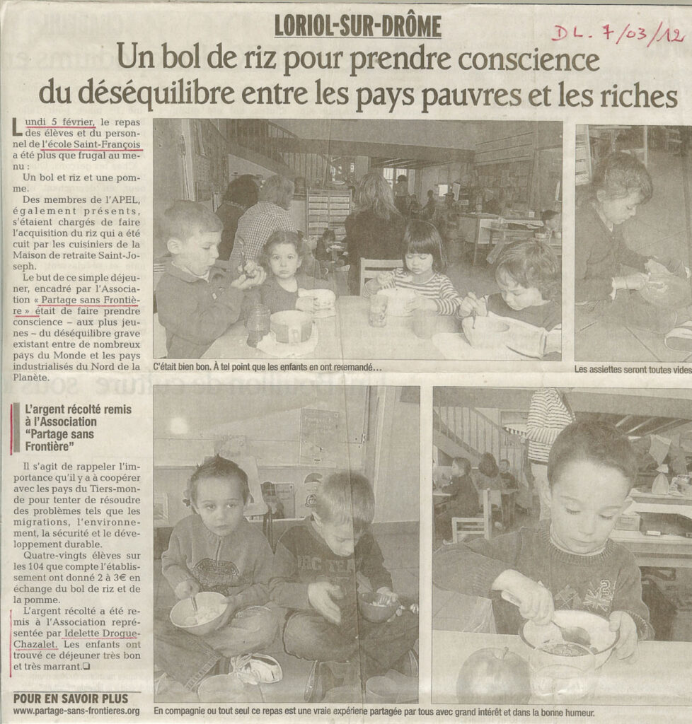 Intervention d’Idelette Drogue-Chazalet dans le cadre du bol de riz de l’école Saint-François de Loriol sur Drôme, le 06 mars 2012, la presse en parle.