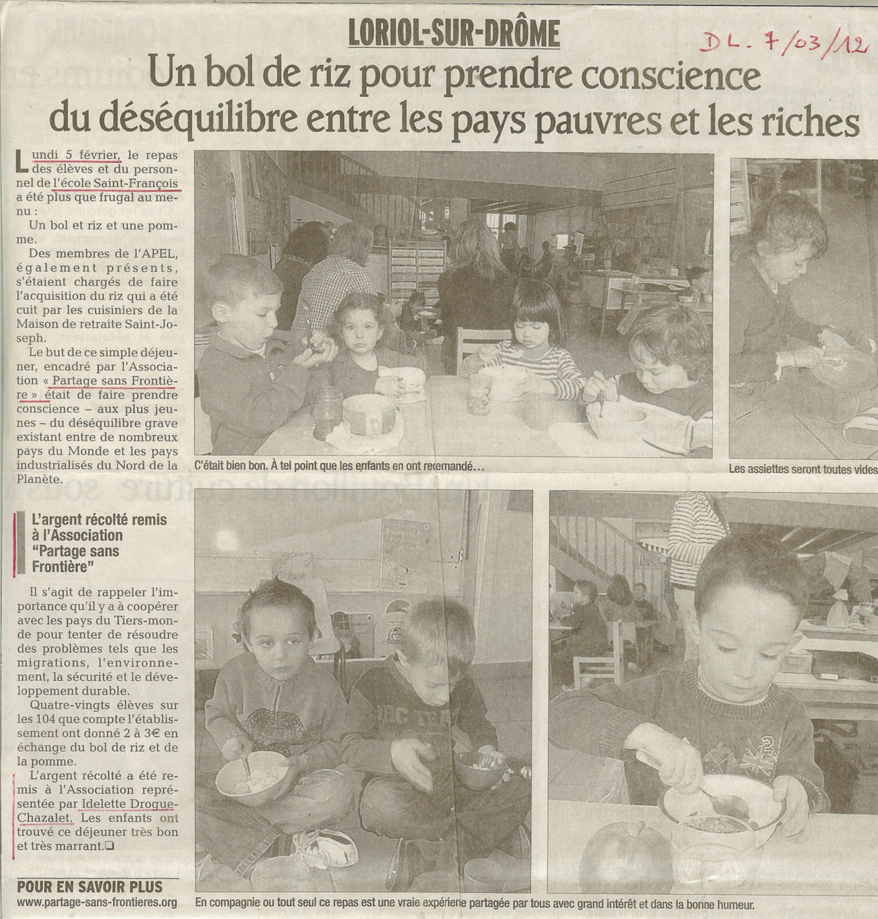 Intervention d’Idelette Drogue-Chazalet dans le cadre du bol de riz de l’école Saint-François de Loriol sur Drôme, le 06 mars 2012, la presse en parle.