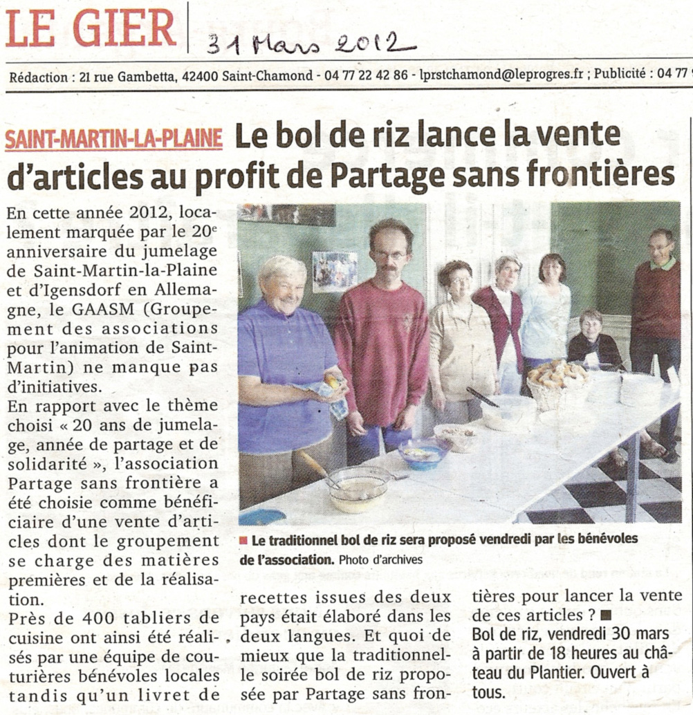 Partage sans Frontières, Bol de riz 2012 de saint-Marin la plaine le 30/03/2012, article du Progrès de Lyons