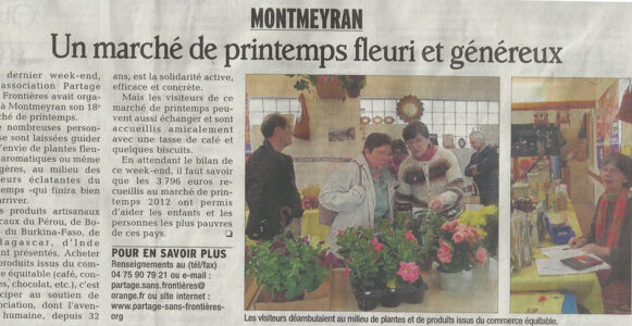 Article du Dauphiné Libéré à propos du marché de printemps de Partage sans Frontières en 2013 à Montmeyran