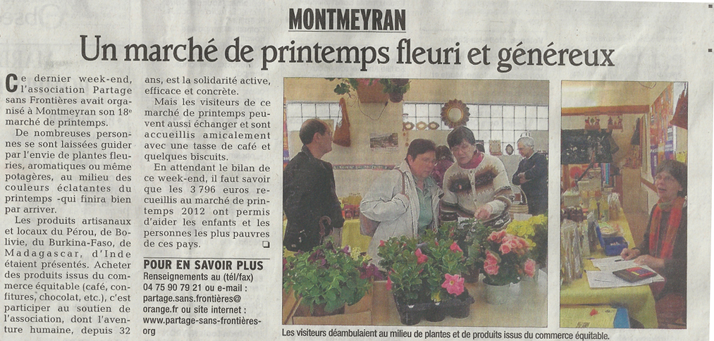 Article du Dauphiné Libéré à propos du marché de printemps de Partage sans Frontières en 2013 à Montmeyran