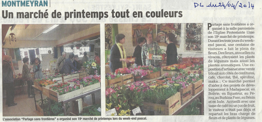 Marché de printemps de Montmeyran, 19eme du nom, organisé par Partage sans Frontières en 2014