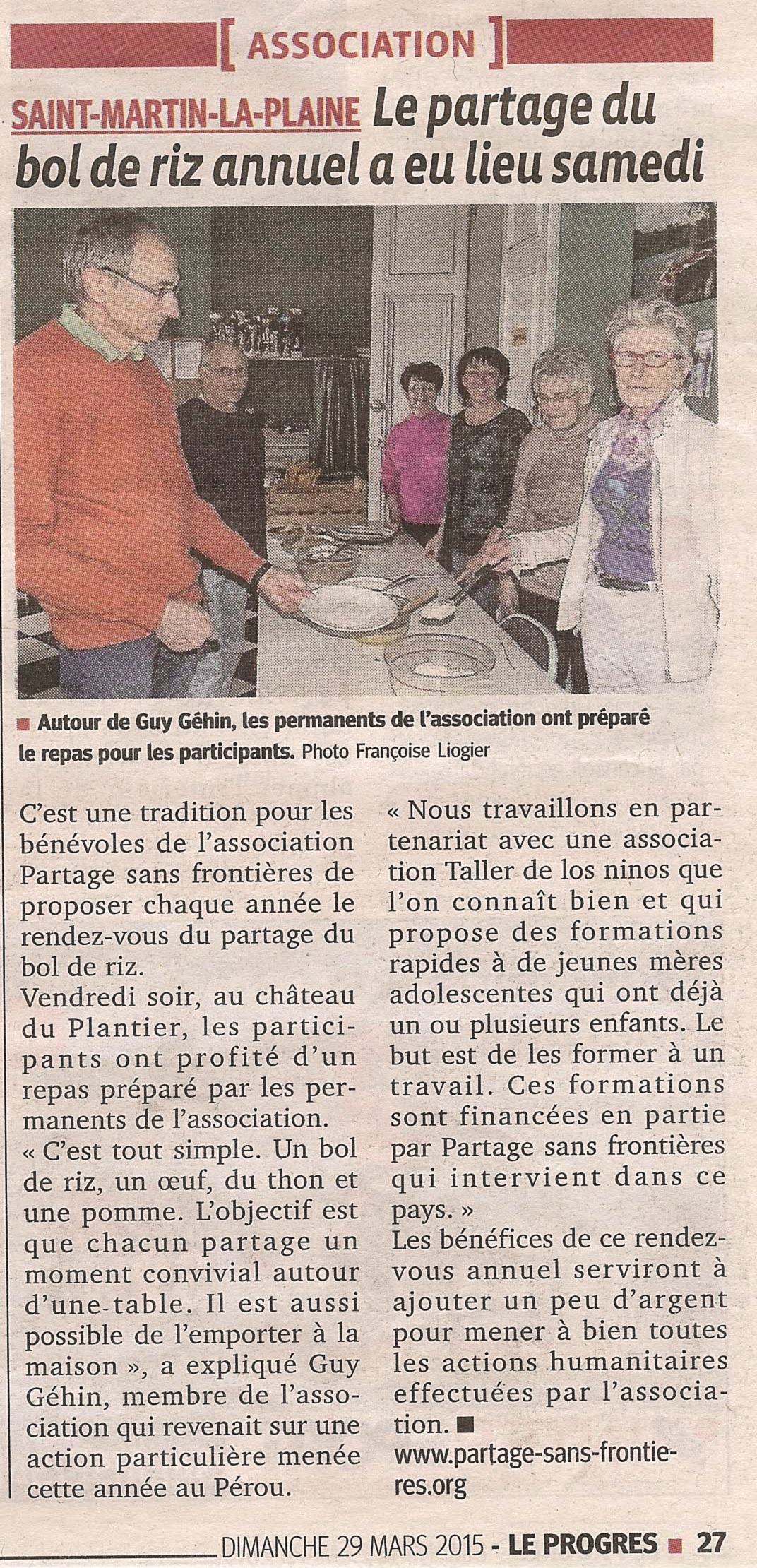 Bol de riz à Saint-Martin la plaine au profit de Partage sans Frontières, le 27/03/2015, article du Progrès