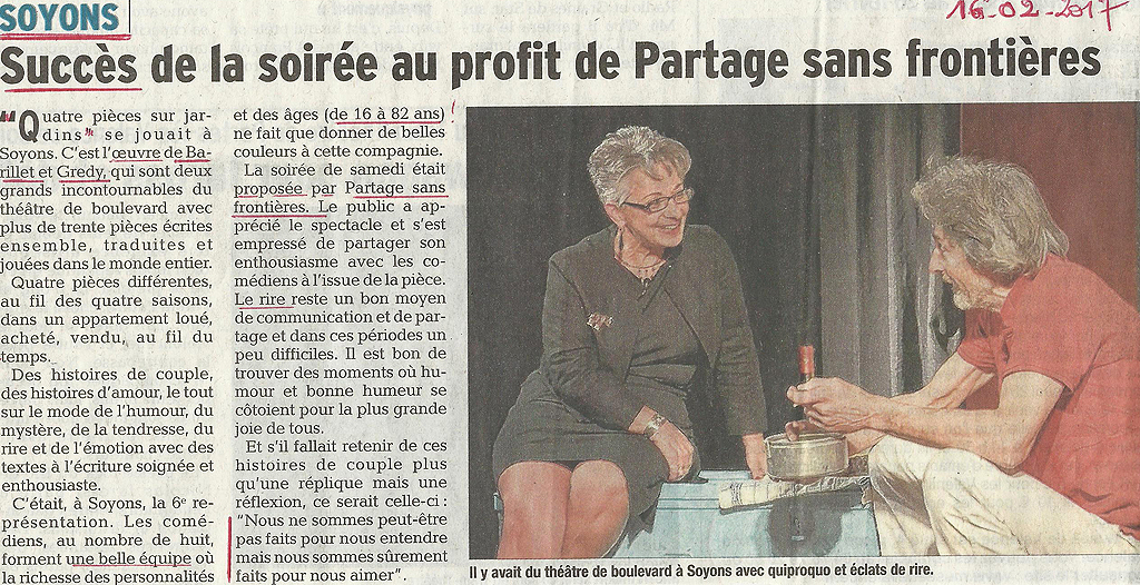 Soirée au profit de Partage sans Frontières donnée par la compagnie d’Ici et d’ailleurs le 11 févier 2017