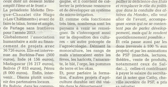 Premier article de presse pour Partage sans Frontières de 2018