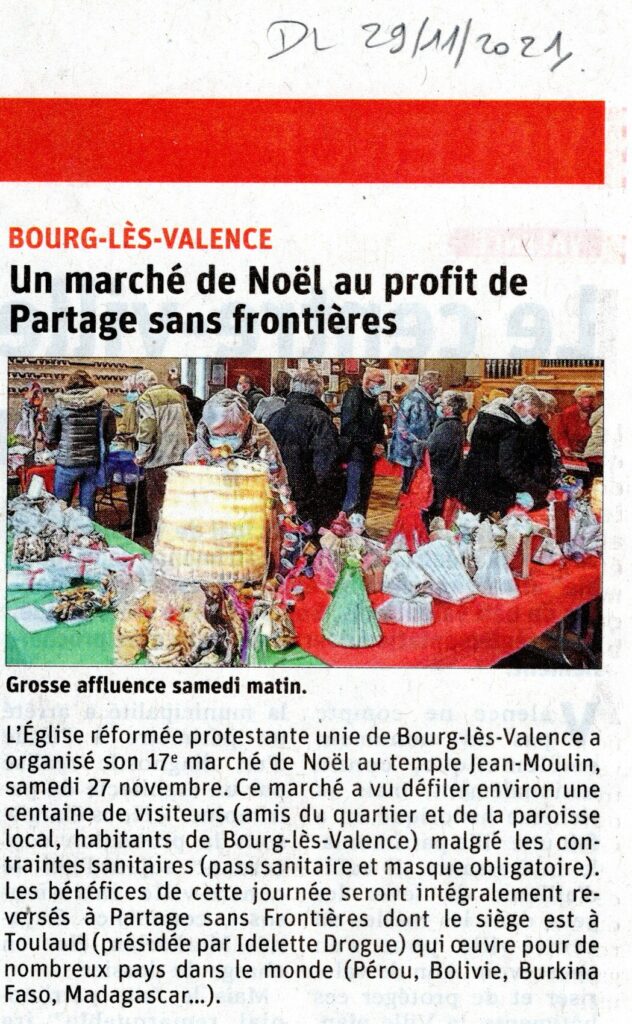 Marché de Noël de la parroisse de Bourg-lès-Valence en 2021 au profit de Partage sans Frontières