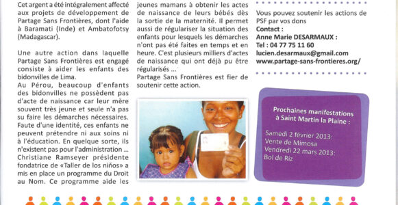 Article du bulletin municipal de Saint-Martin la plaine janvier 2013 à propos de Partage sans Frontières