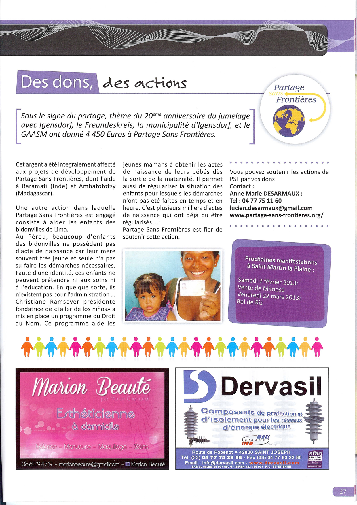 Article du bulletin municipal de Saint-Martin la plaine janvier 2013 à propos de Partage sans Frontières