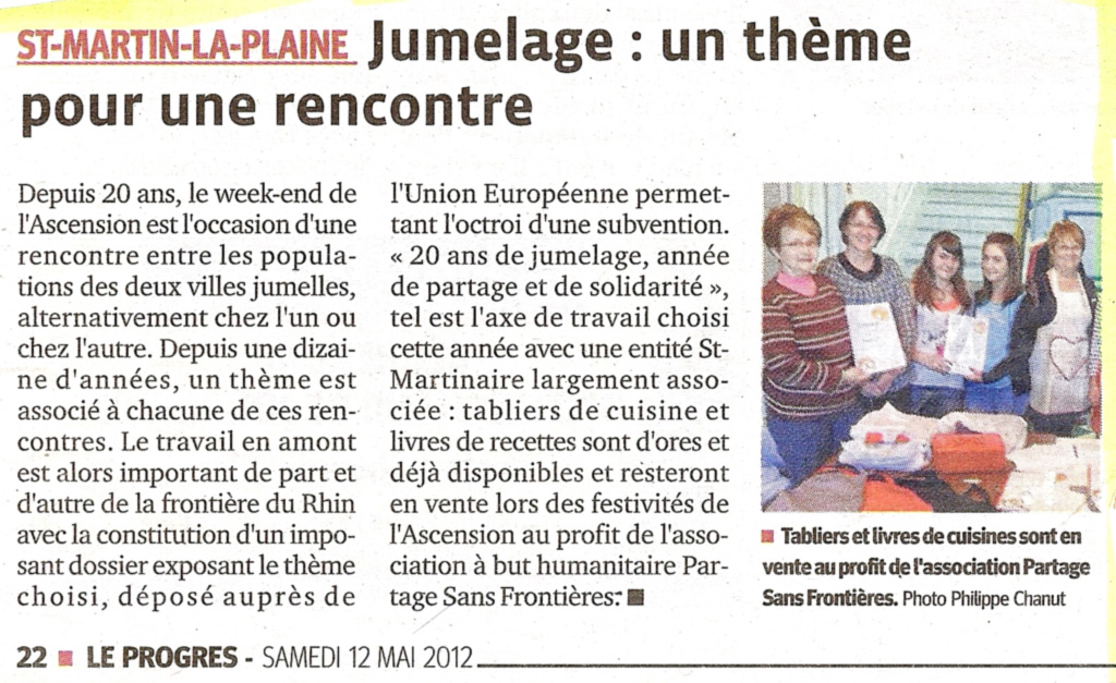 Article du Progrès de Lyon de mai 2012, annonçant les festivités des 20 ans de jumelage entre Igensdorf et Saint-Martin la Plaine