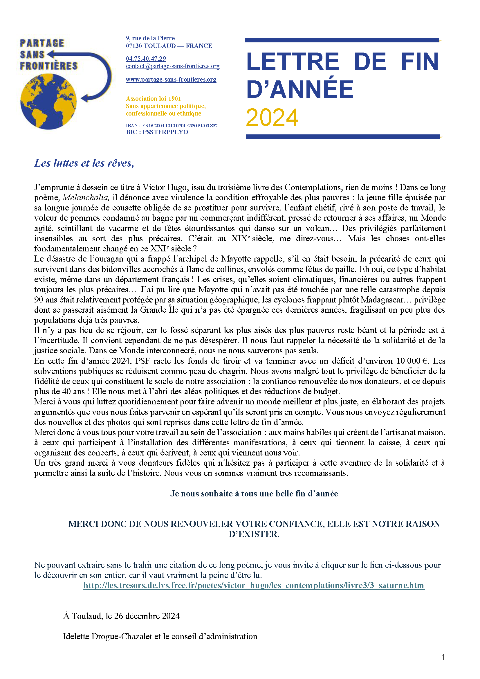 La lettre de fin d’année de Partage sans Frontières pour 2024